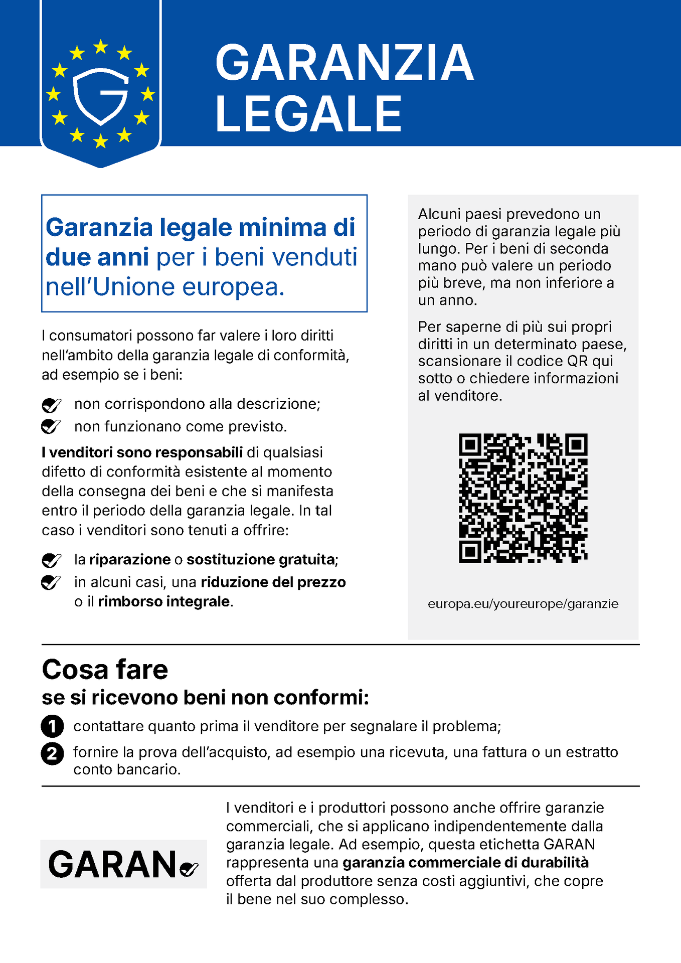 Avviso UE sulla garanzia legale: tutti i consumatori dell'UE hanno diritto ad almeno 2 anni di garanzia legale sui beni
